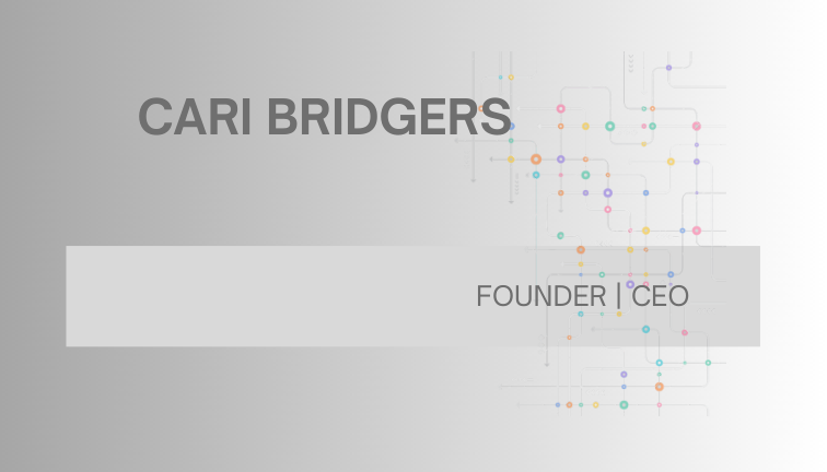 Cari Bridgers, Founder and CEO. Original silver business card with colorful circuit artwork.